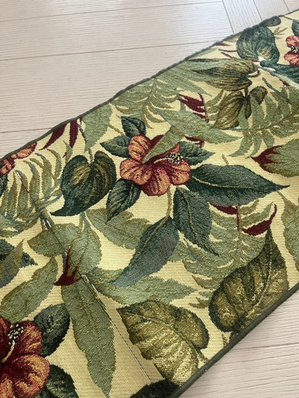 Vintage Tapestry Table Runner Greens & Reds Floral Tropical Print 69”